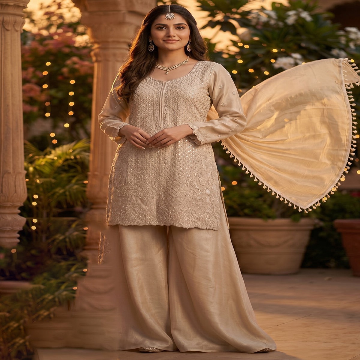 Beige Beads & Sequins Embroidered Palazzo Style Suit