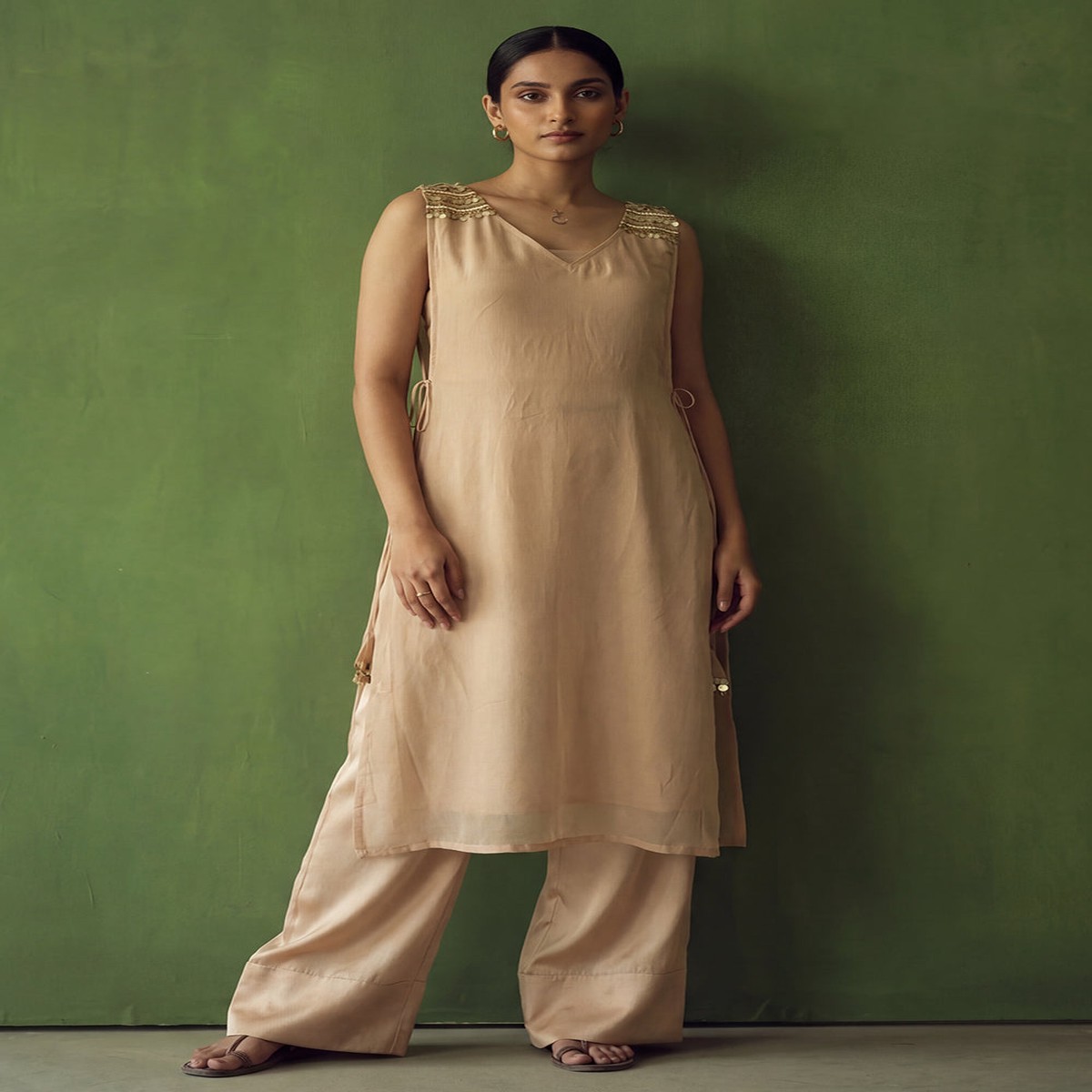 Beige Golden Silk Crop Top with Farshi Pant & Shrug Dress