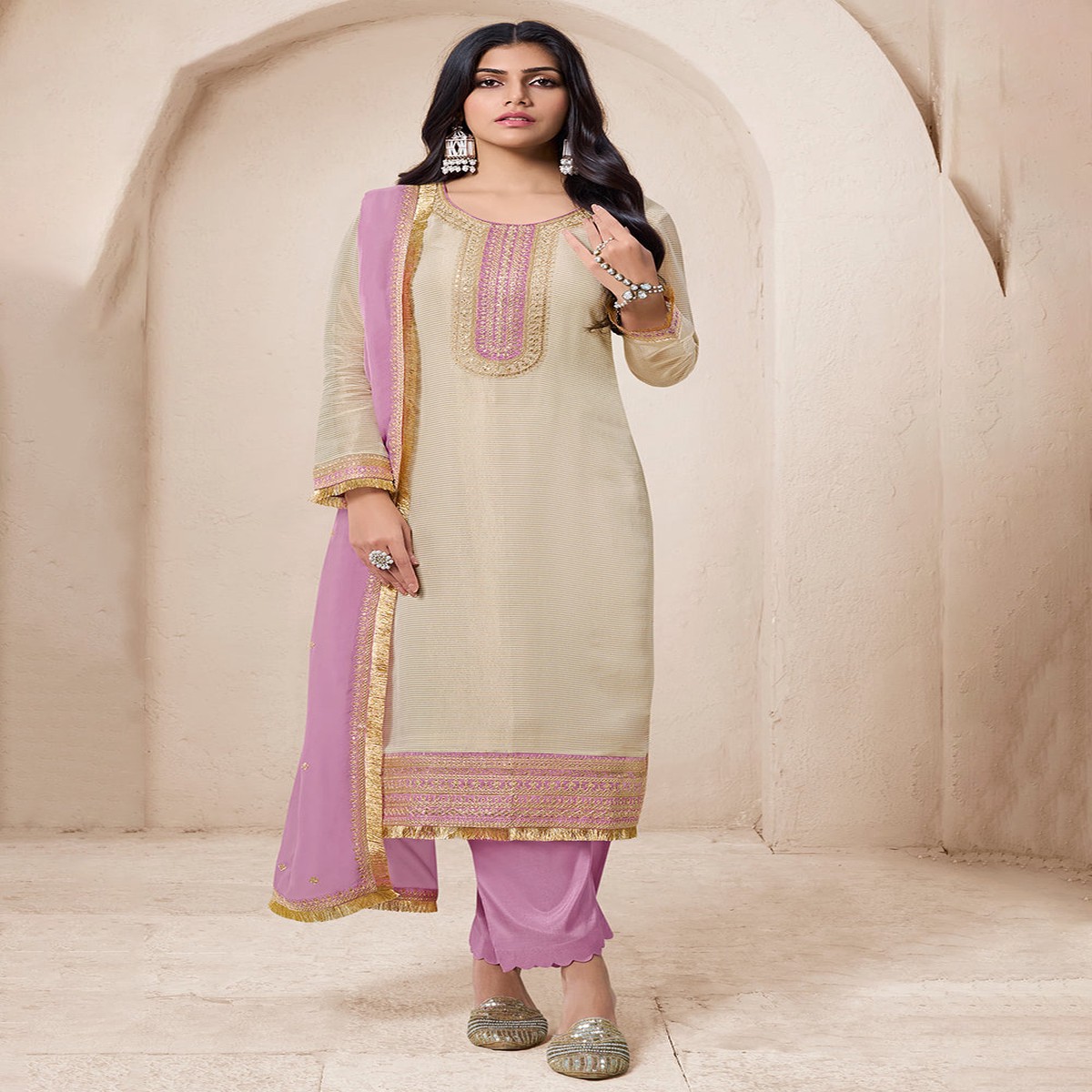 Beige & Purple Viscose Organza Embroidered Salwar Suit