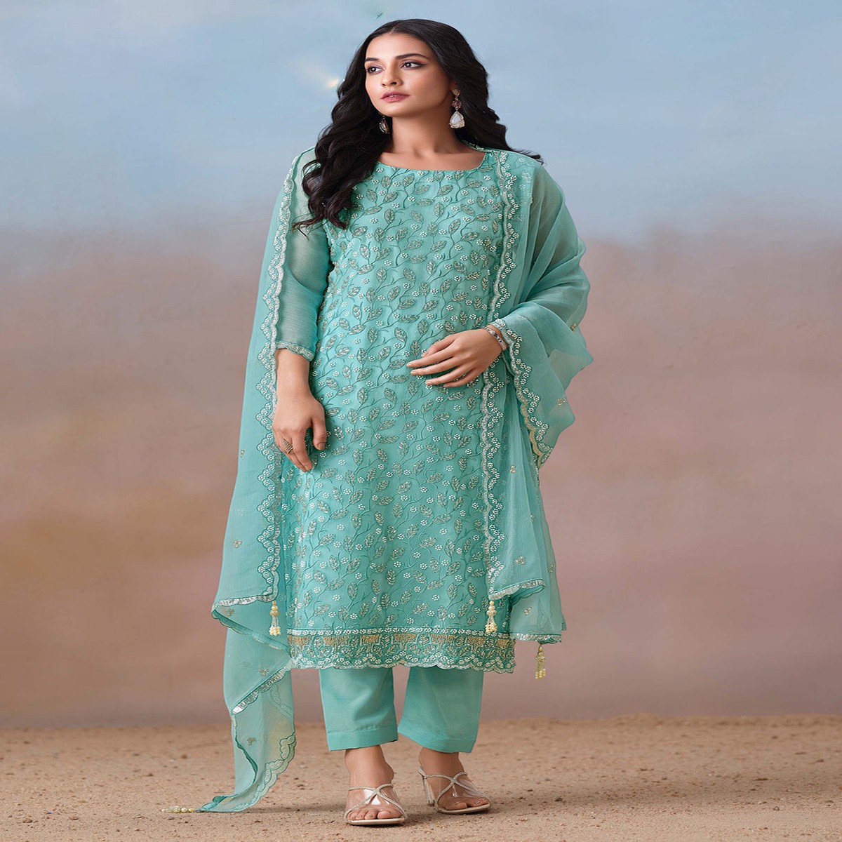 Blue Festive Style Beads Work Chiffon Salwar Suit